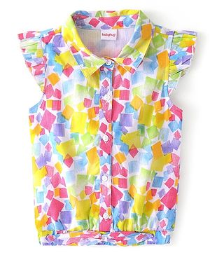 Babyhug Rayon Front Open Half Sleeves Woven Top With Frills, Knot & Abstract Print - Multicolor