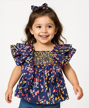 Babyhug Rayon Woven Half Sleeves Cropped Top With Smocking & Frills Detailing Floral Print - Blue