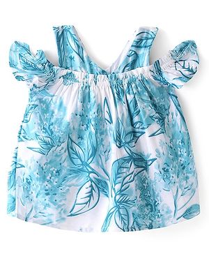Babyhug Rayon Half Sleeves Woven Cold Shoulder Top With Ruffles and Frills Floral Print - Blue