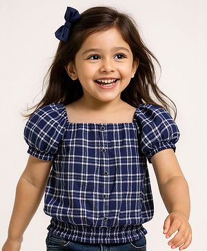 Babyhug Cotton Woven Half Sleeves Front Open Checks Cropped Top with Smocking - Blue