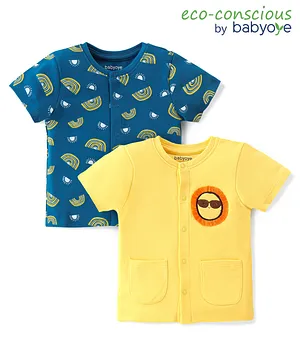 Babyoye 100% Oragnic Cotton with Eco Jiva Finish Half Sleeves Set of Vests Rainbow Print Pack Of 2 - Blue & Yellow
