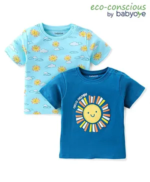 Babyoye 100% Oragnic Cotton with Eco Jiva Finish Half Sleeves Sun & Clouds Printed T-Shirts Pack of 2 - Blue