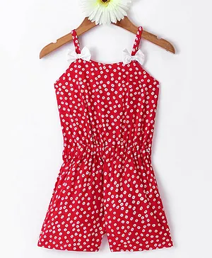 Kookie Kids Cotton Woven Sleeveless  Knee Length Singlet  Jumpsuit with Flower Print & Bow Applique - Red