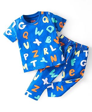 Babyhug Cotton Knit Half Sleeves Night Suit with Alphabet Print - Blue