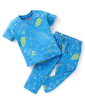 Babyhug Single Jersey Knit Half Sleeves Night Suit Space Theme - Blue