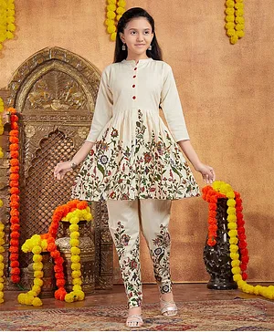 Aarika Three Fourth Sleeves Floral Embroidered Coordinating Kurta & Pant Set - Cream