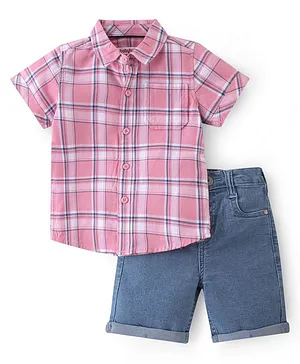 Babyhug Cotton Woven Half Sleeves Checks Shirt & Denim Shorts Set - Pink & Blue