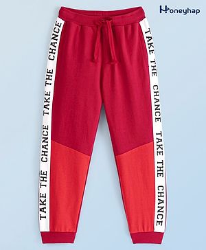 Honeyhap Premium 100% Cotton Looper Text Printed Lounge Pant with Bio Finish - Red