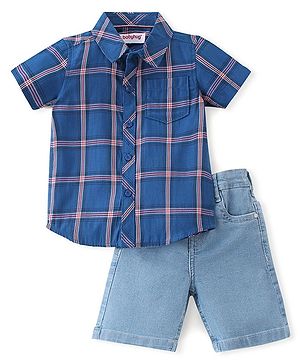 Babyhug Cotton Woven Half Sleeves Checks Shirt & Denim Shorts Set - Blue