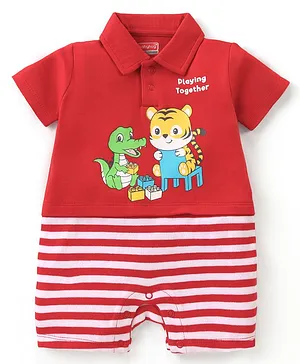 Babyhug 100% Cotton Knit Half Sleeves Romper With Striped Design & Tiger Print - Red