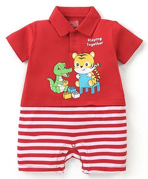 Babyhug 100% Cotton Knit Half Sleeves Romper With Striped Design & Tiger Print - Red