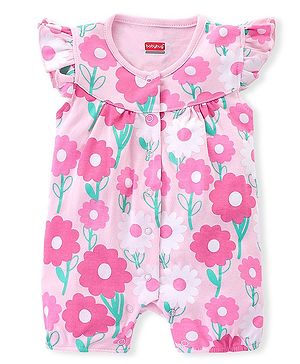 Babyhug 100% Cotton Knit Interlock Half Sleeves Romper With Floral Print - Pink