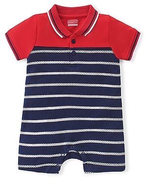 Babyhug 100% Cotton Knit Interlock Half Sleeves Romper With Striped Print - Red & Blue