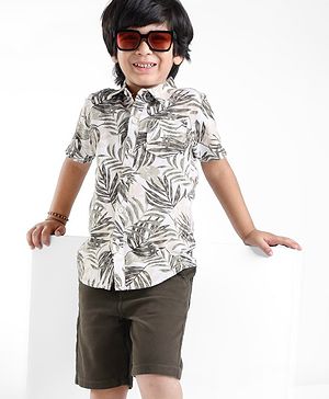 Babyhug Cotton Woven Half Sleeves Leaves Printed Shirt & Shorts Set - Brown