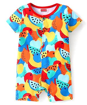 Babyhug 100% Cotton Knit Half Sleeves Romper Orange Print - Multicolor