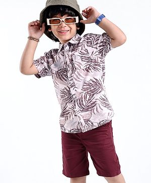 Babyhug Cotton Woven Half Sleeves Leaves Printed Shirt & Solid Colour Short Set - Maroon