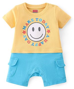 Babyhug 100% Cotton Knit Half Sleeves Romper with Smiley & Text Print - Multicolour