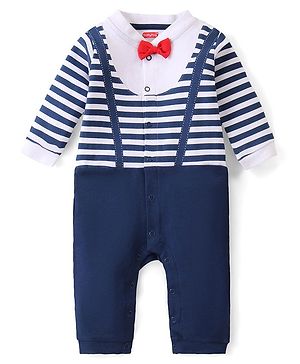 Babyhug 100% Cotton Knit Full Sleeves Striped Romper with Bow Detailing - Navy Blue