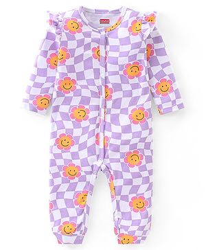 Babyhug 100% Cotton Full Sleeves Romper With Smiley Print & Checkered - Purple