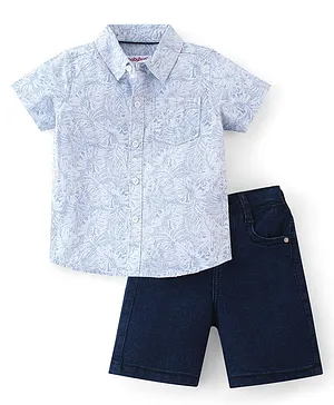 Babyhug Cotton Woven Half Sleeves Tropical Printed Shirt & Solid Colour Shorts Set - Blue