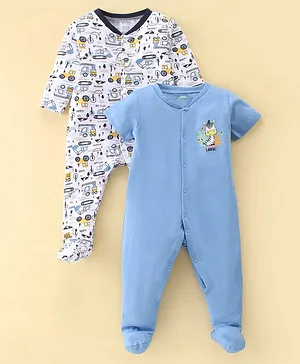 OHMS Single Jersey Knit Full Sleeves Footed Sleep Suits Truck & Zebra Print Pack  of 2 - Blue & White