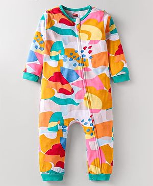 Babyhug 100% Cotton Knit Full Sleeves Romper With Abstract Print - Multicolour