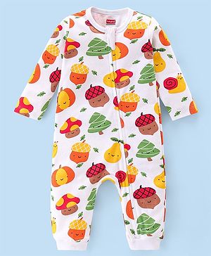 Babyhug 100% Cotton Knit Full Sleeves Romper With Pumpkin Print - Multicolour