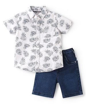 Babyhug Cotton Woven Tropical Printed Shirt & Denim Shorts Set - Blue & White