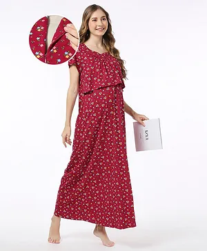 Bella Mama 100% Cotton Knit Half Sleeves Concealed Zipper Nursing Nighty Floral Print - Maroon