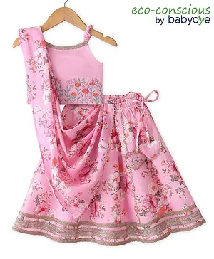 Babyoye Cotton Woven Sleeveless Choli & Lehenga Set with Dupatta Floral Print -Pink