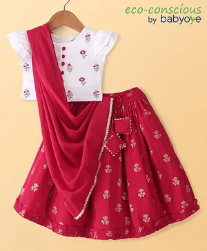 Babyoye Cotton Woven Cap Sleeves Choli Lehenga With Dupatta With Floral Embroidery -White & Red