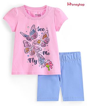 Honeyhap Premium Single Jersey 100% Cotton With Bio Finish Half Sleeves T-Shirt & Shorts With Butterfly Print - Fairy Tale Pink & Vista Blue