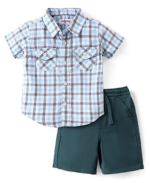 Babyhug 100% Cotton Woven Half Sleeves Shirt & Shorts Checkered - White & Green