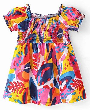 Babyhug Single Jersey Knit Half Sleeves Frock Leafy Print - Multicolor