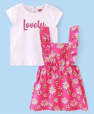 Babyhug Single Jersey Knit Floral Print Frock with Cap Sleeves Inner Tee - Pink