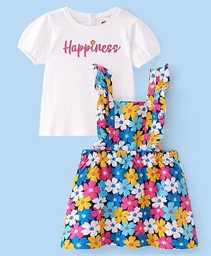 Babyhug Single Jersey Knit Floral Print Frock with Half Sleeves Inner Tee - Blue
