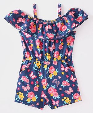 Babyhug Single Jersey Knit Cold Shoulder Sleeves Jumpsuit with Floral Print - Navy Blue