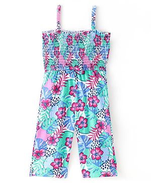 Babyhug Single Jersey Knit Sleeveless Jumpsuit Floral Print - Blue