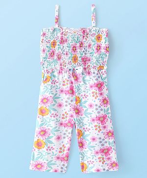 Babyhug Single Jersey Knit Sleeveless Jumpsuit Floral Print - White