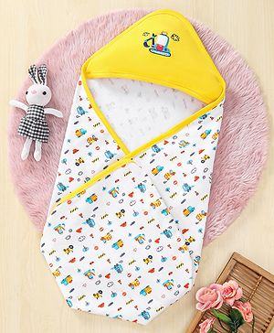 Babyhug 100% Cotton Vehicle Embroidered Hooded Wrapper - Yellow