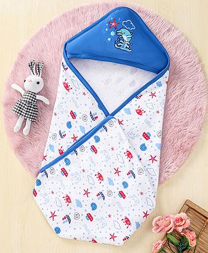 Babyhug 100% Cotton Whale Embroidered Hooded Wrapper - Blue