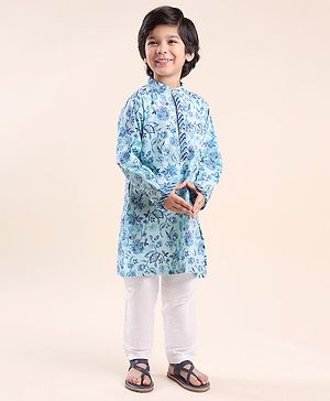 Babyhug Cotton Woven Full Sleeves Floral Printed Kurta Pyjama Set- Blue
