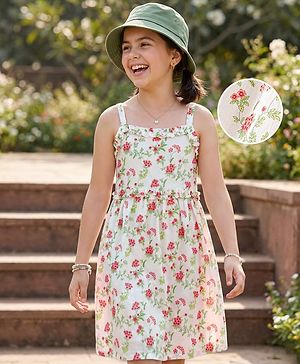 Pine Kids Cotton Woven Sleeveless Frock Floral Print - White