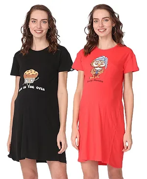 The Mom Store Pack Of 2 Cotton Half Sleeves Cup Cake & Owl Printed Maternity T-Shirt Dresses - Black & Red