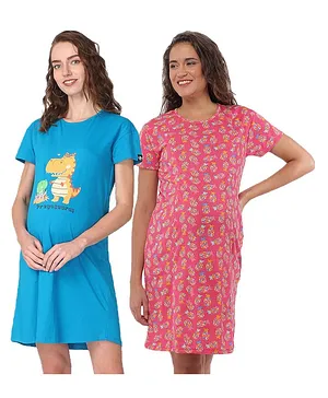 The Mom Store Pack Of 2 Cotton Half Sleeves Pineapple & Dinosaur Printed Maternity T-Shirt Dresses - Blue & Pink