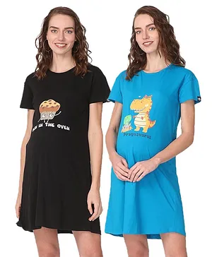 The Mom Store Pack Of 2 Cotton Half Sleeves Cup Cake & Dinosaur Printed Maternity T-Shirt Dresses - Black & Blue