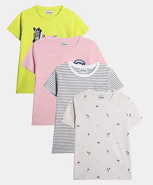 Anthrilo Pack Of 4 Half Sleeves Striped & Zebra Printed Terry Tees - Grey Lime Yellow Peach & White