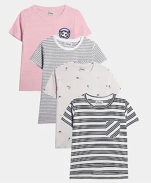 Anthrilo Pack Of 4 Half Sleeves Striped & Palm Tree Printed Terry Tees - Grey Navy Blue Peach & White