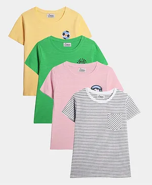 Anthrilo Pack Of 4 Half Sleeves Striped & Games Logo Printed Terry Tees - Grey Peach Green & White