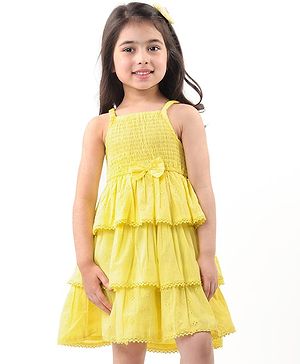 Babyhug 100% Cotton Woven Sleeveless Frock with Schiffli Design & Bow Applique - Yellow